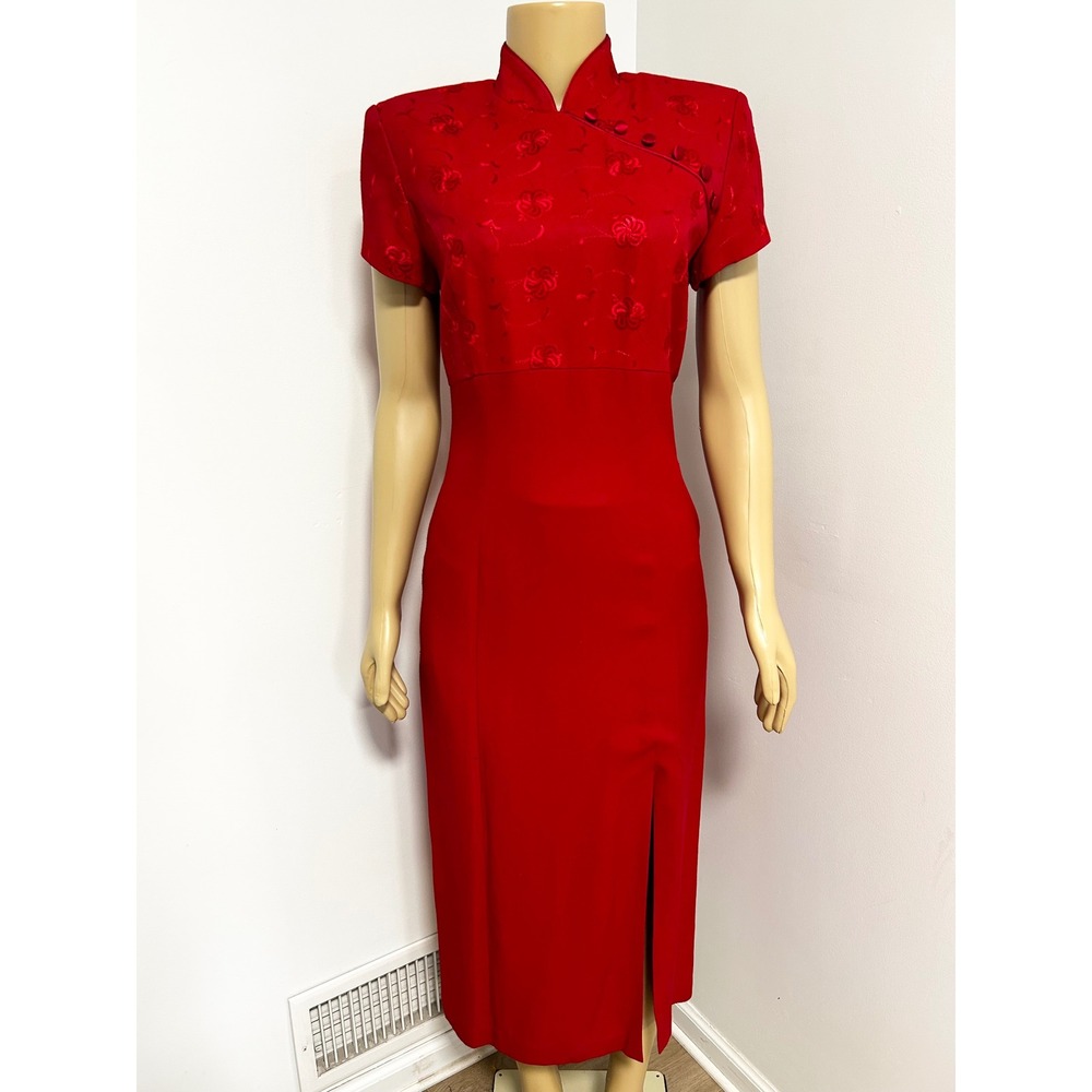 Vintage Taurus II Red Cheongsam Style Floral Jacquard ASIAN Midi Dress Size 8P